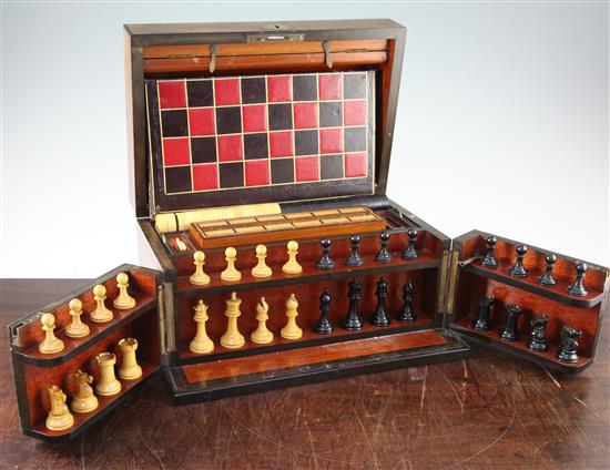 A Victorian burr walnut cased games compendium, 13.5in.